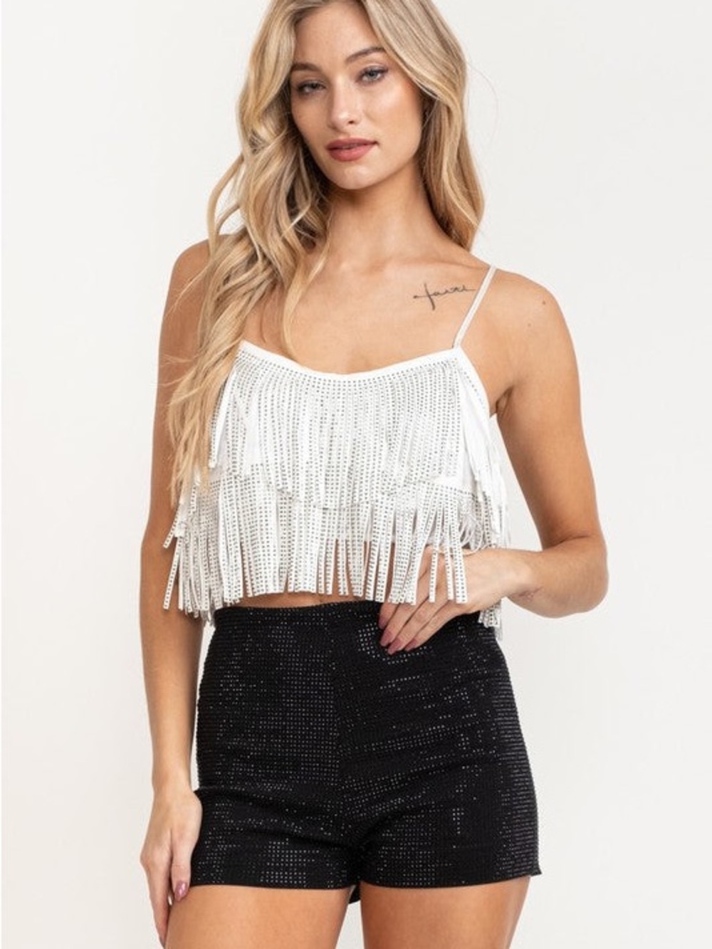 White Fringe Sequin Crop Top - Womens